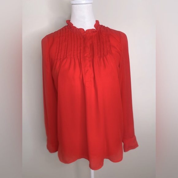 J. Crew Tops - J. Crew Mercantile J6493 Red Ruffle Pintuck Long Sleeve blouse Top Ruffle Sz 4